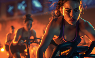 Group of women intensely focused on a spinning class workout in a dimly lit gym.