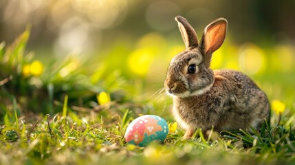 Adorable rabbit and solitary Easter egg symbolize the joy of Easter festivities.