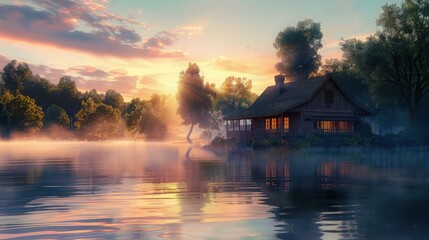 Fototapeta premium Cozy wooden lodge reflects perfectly in the still water of a misty river during a vibrant golden sunset, ideal for retreat marketing.