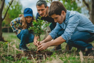 Parents and children planting trees on Earth Day, environmental awareness, bonding, joy