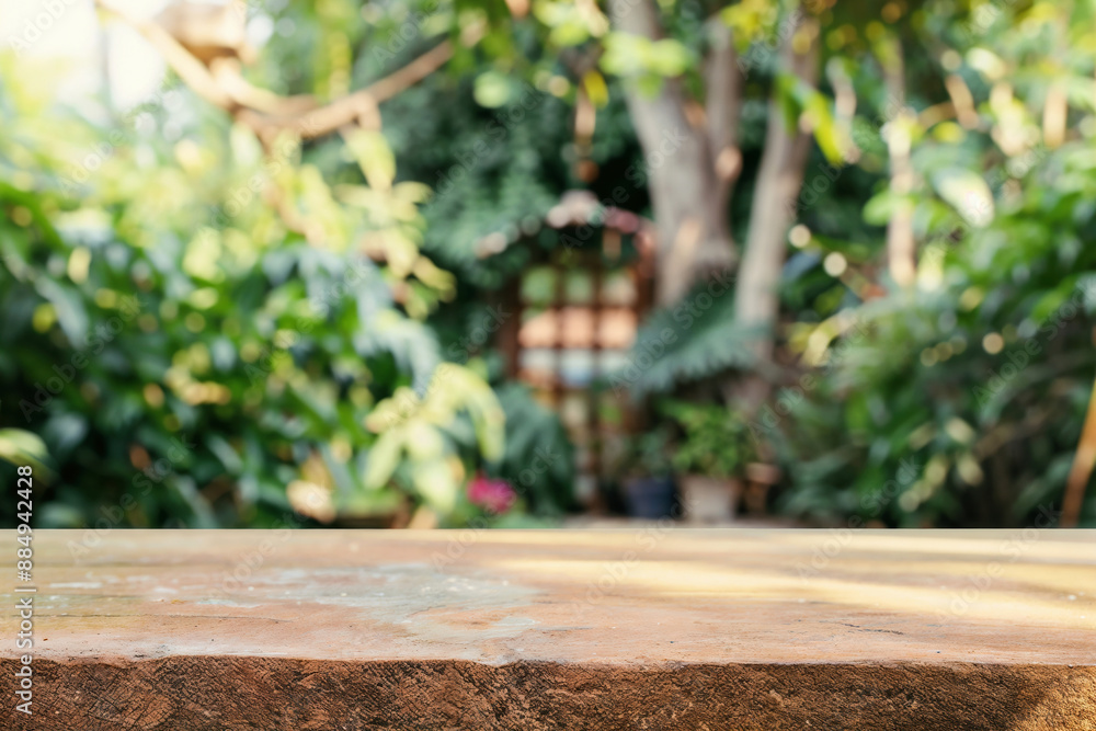 Poster empty stone table top with empty surface for product placement against a blurred green garden backgr