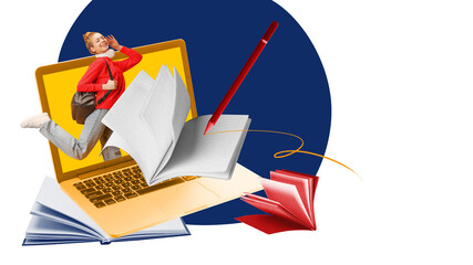Poster. Contemporary art collage. Yong, smart girl with headphones and backpack emerging from laptop surrounded copybooks and books. Concept of study online, knowledge, back to school, graduation. Ad