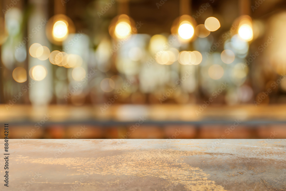 Poster empty table top with blurred restaurant background, ideal for product placement