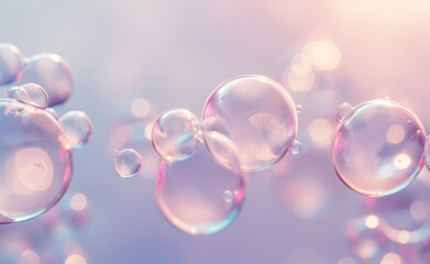 Delicate soap bubbles floating in the air with a soft pastel background.