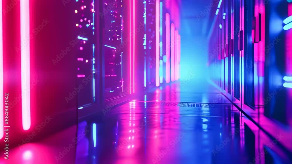 Poster a row of computer servers in a data center. concept of cyberspace, communication and technology.