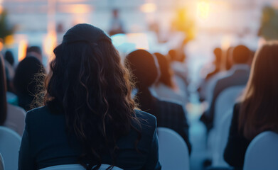 Fototapeta premium Audience attentively listening to a speaker in a conference room setting.