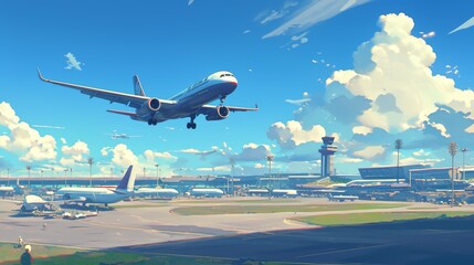 Anime airport landscape illustration. Airplane runway, terminal buildings, and control tower in anime style.