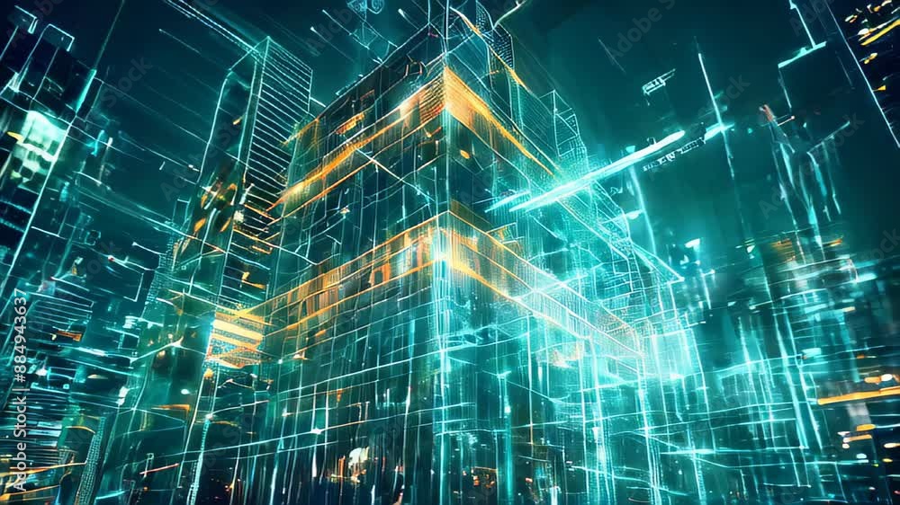 Wall mural generic wireframe modern 3d architecture hologram simulation