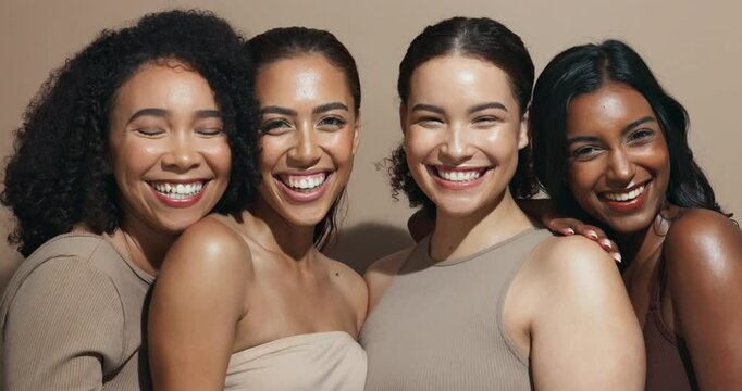 Face, women or blowing kiss for skincare, glow or wellness with smile, inclusion or makeup cosmetics in studio. Flirting, hug or happy people with group, beauty results or support on brown background