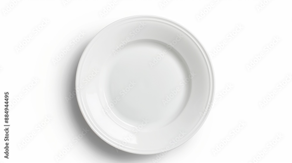 Poster empty white plate viewed from above on white background with clipping path