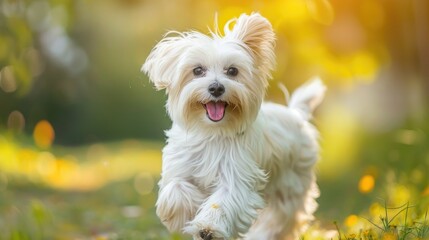 Energetic white Havanese dog playing in garden with blurred grass background