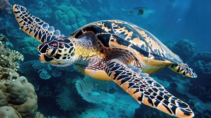 Obraz premium Endangered adult male Hawksbill turtle observed in the Red Sea Egypt