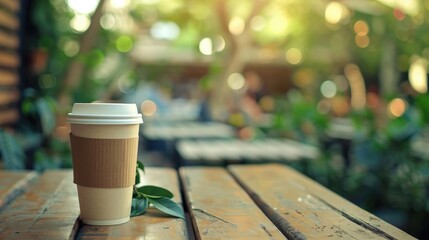 Empty take out coffee cup on wooden cafe table with vintage filter copy space for design