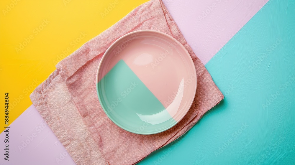 Aufkleber empty round pink plate and empty dish on napkin viewed from above on a colorful background