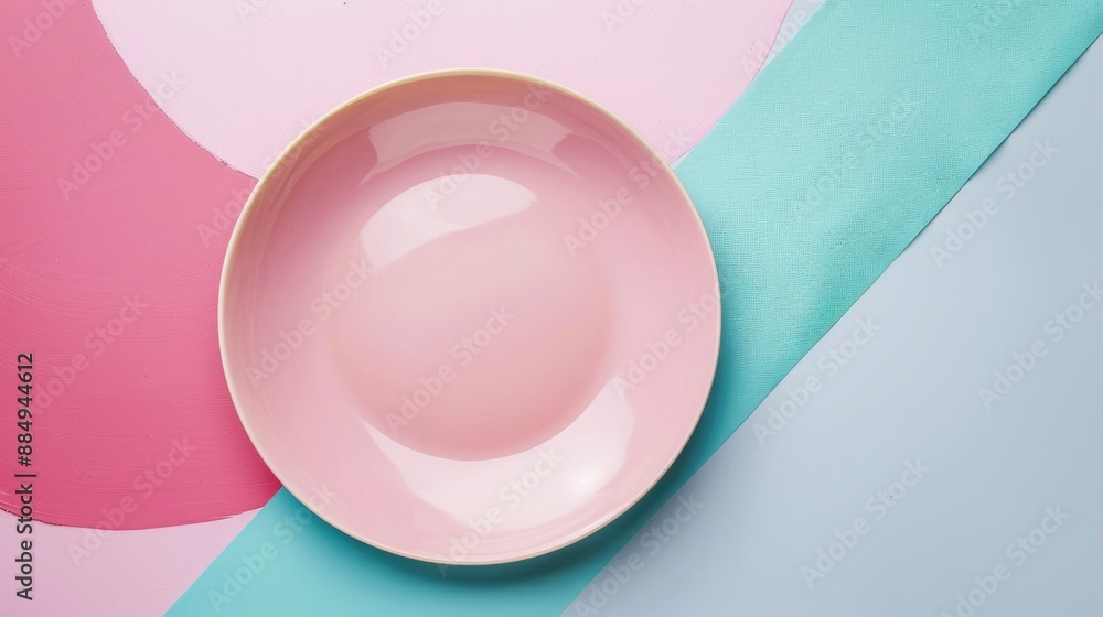Poster empty round pink plate and empty dish on napkin viewed from above on a colorful background