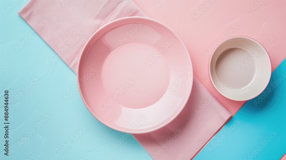 Aufkleber empty round pink plate and empty dish on napkin viewed from above on a colorful background