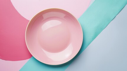 Empty round pink plate and empty dish on napkin viewed from above on a colorful background