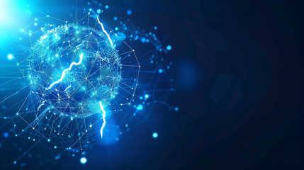 Modern energy storage device with lightning symbols in spheres. Sustainable power future. Glowing low polygonal vectors on dark blue.