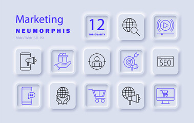 Marketing set icon. Target, gift, SEO, mobile marketing, audience, global reach, shopping cart, video ad, promotion, digital marketing, search engine, analytics, online sales
