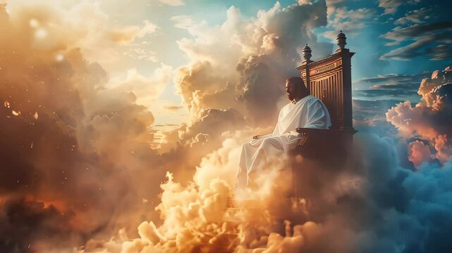 Jesus Christ sitting on a throne in heaven, surrounded by white clouds