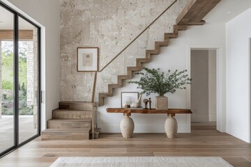 A dramatic entryway with a bold statement piece and a touch of mid-century modern flair.