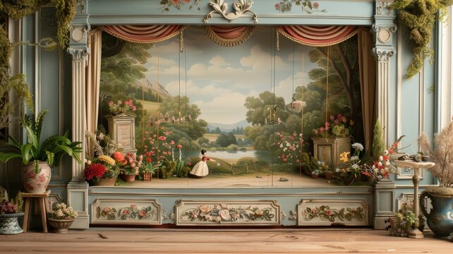 A puppet theater stage with intricately crafted marionettes performing a fairytale.