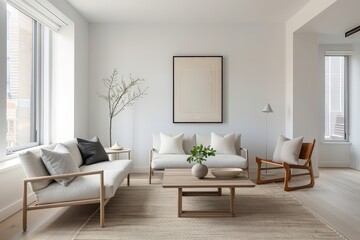 A minimalist dining room with iconic mid-century modern furniture and a statement lighting fixture.