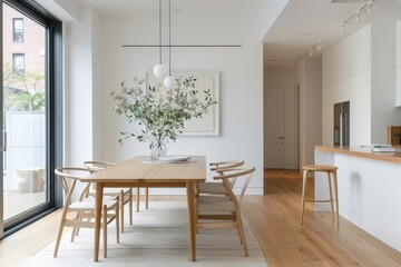 Fototapeta premium A minimalist dining room with iconic mid-century modern furniture and a statement lighting fixture.