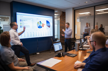 Fototapeta premium Corporate Presentation In Modern Office With Professionals Discussing Data And Charts On Large Screen