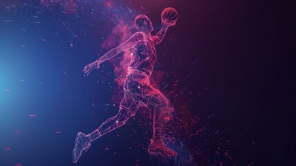 Abstract Polygonal Basketball Player in Mid-Action, Hitting the Ball with Neon Gradient Wireframe Cybernetic Particles