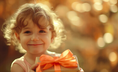 Smiling child holding a gift wrapped with an orange bow against a festive background.