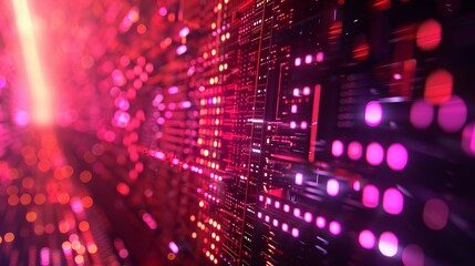Abstract glowing background digital technology: high-tech digital interior of a data center server with blurred polygonal geometric matrix space, 3d render. Modern business technology with futuristic 