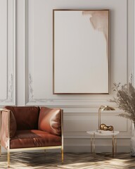 Luxury living room interior with blank poster frame mockup, white wall background. Modern home decor in light pink and brown tones. Design template for artwork or art print. hyper realistic 