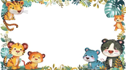  Blank white page with colorful cartoon animals and nature around the border, theme background for nature walk, cute children's, leaves and bugs