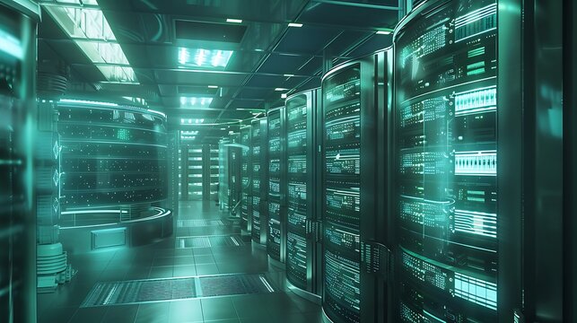 futuristic server room filled with quantum computers demonstrating the scalability and potential of quantum computing technology. - Powered by Adobe