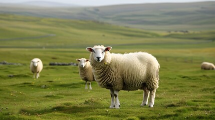 Obraz premium Peaceful Flock of Fluffy Sheep Grazing in Idyllic Rolling Green Pastures