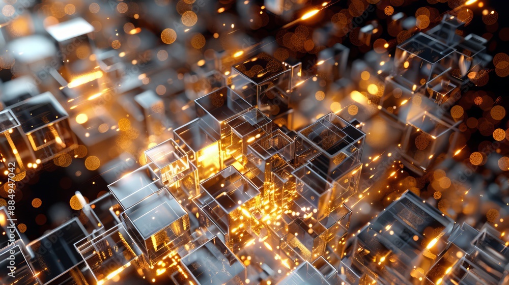 Poster abstract high-tech digital technology background composed of dynamic particles and sleek metallic pl