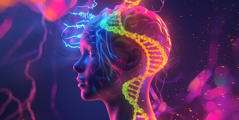 A colorful X-ray of the human head and brain with an electric background. A DNA double helix is on the right side, with an electric background