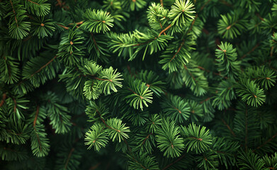 Close-up of green evergreen tree branches forming a dense pattern.
