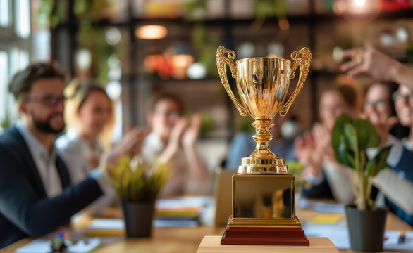 Golden trophy on a conference table surrounded by applauding team members.