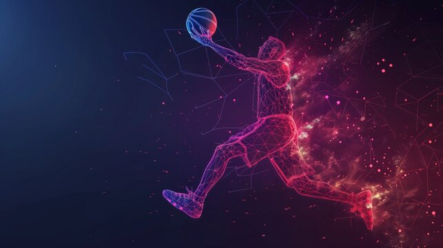 Abstract Polygonal Basketball Player in Mid-Action, Hitting the Ball with Neon Gradient Wireframe Cybernetic Particles