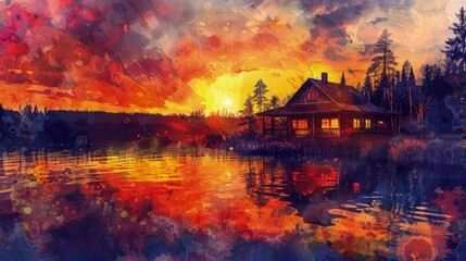 Fototapeta premium Rustic lakeside cabin glows warmly against a dramatic, fiery sunset reflected vividly upon calm water, perfect for atmospheric backgrounds.