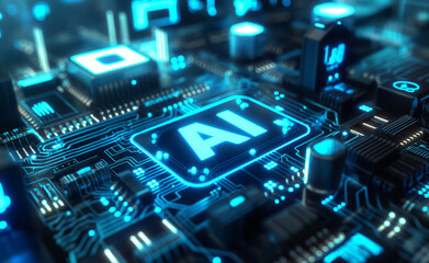 Fototapeta premium Neon-lit AI chip integrated into a futuristic circuit board.