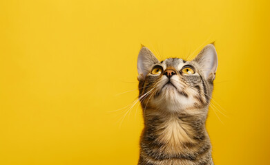 Obraz premium Curious tabby cat looking up against a bright yellow background.
