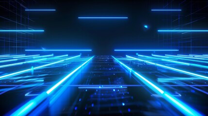 Abstract neon blue lines on black background illuminated reflections on ground, futuristic technology concept with vibrant light trails and modern digital aesthetics
