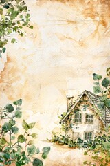 watercolor vintage scrapbook junk journal page, copy space in center, watercolor clipart of A-frame House with Fresh Greenery on parchment paper, for Junk Journal, Digital Paper, Printable 