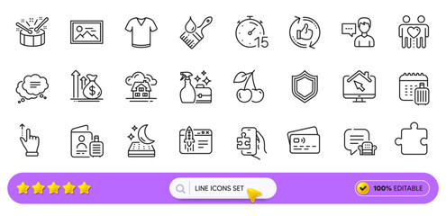 Brush, Card and Refresh like line icons for web app. Pack of Security, Mattress, Cherry pictogram icons. Text message, Puzzle game, T-shirt signs. Puzzle, Friends couple, Drums. Search bar. Vector