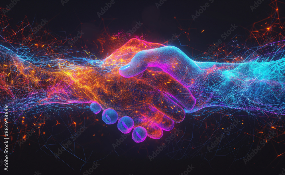 Poster two hands composed of digital lines and particles shaking hands in cyberspace.