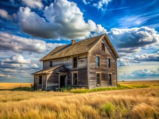 Obraz premium An old abandoned house sits in the middle of a field. Generative AI.