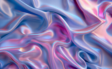 Obraz premium Iridescent silk fabric with pink and blue hues creating smooth, wavy folds.